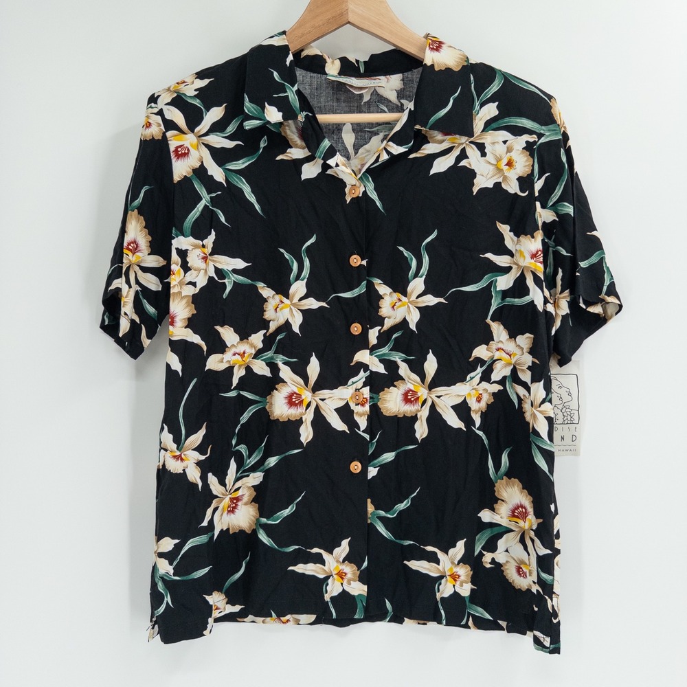 Paradise Found Aloha Shirt Women Large Black Orchid Floral Rayon Tropical Retro